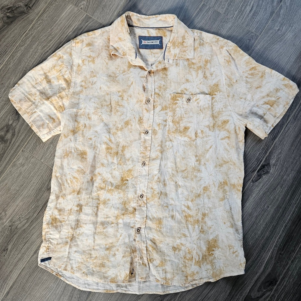 32 Bar Blues Mens Short Sleeve Linen Palm Print Button Down Shirt Tan Cream L - Picture 2 of 10